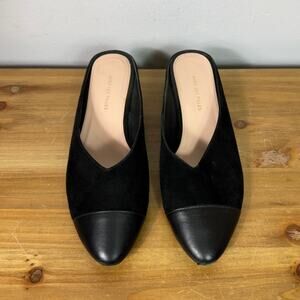 Avec Les Filles Black Suede Leather Wedge Heel Cap Toe Mules Women's Size 7